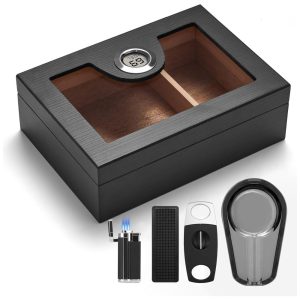 Umidor de Cedro Espanhol para 25-50 Charutos c/ Higrômetro Umidificador Cinzeiro Cortador e Isqueiro - Kit Completo de ArmazenamentoCINOROW