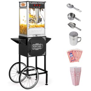 Pipoqueira Elétrica Estilo Cinema com Rodas e Chaleira de 236g Rende até 7L de Pipoca Inclui Colher de Pipoca e Colher de Óleo 850W ROVSUN Preta