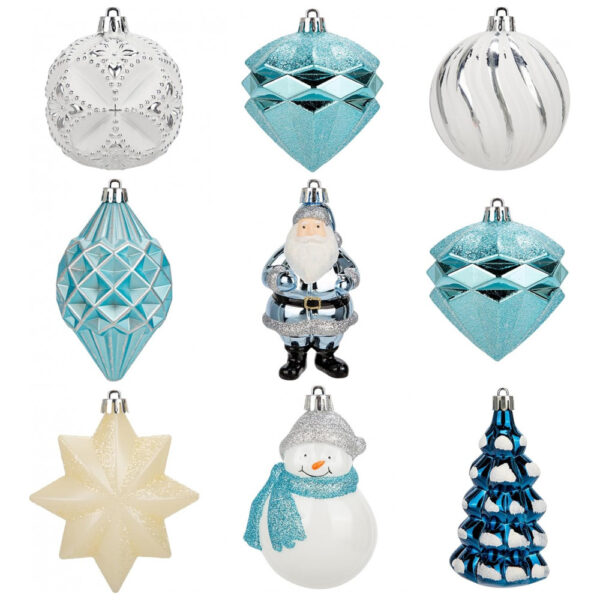 Conjunto de 9 Enfeites de Natal Azul e Branco para Árvore de Natal, Bolas de Decoração de Boneco de Neve, Papai Noel e Estrela de Belém, Villa Como