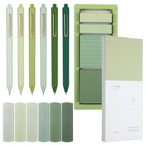 Conjunto de papelaria estética verde Resurhang com post-its 6 fitas corretivas 6 canetas 05 mm e marcadores de página