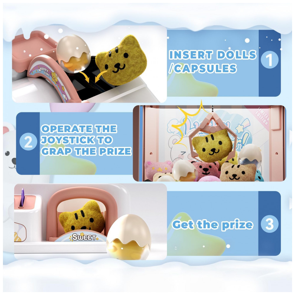 Máquina de Garra Rosa e Branca Snow Hut – Mini Arcade Infantil com 10 Cápsulas, 10 Pelúcias, Som e Brinquedos - Imagem 4