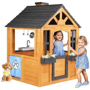 Casa de Brincar para Crianças ao Ar Livre - Feita de Cedro com Cozinha Porta para Pets Pia Fogão e Janelas - Ideal para Diversão no QuintalJocoevol