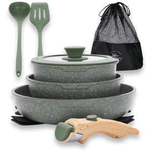 Jogo de Panelas e Frigideiras Antiaderentes Material em Granito com 10 Peças Cabo Removível e Utensílios de Cozinha DishDelight Verde
