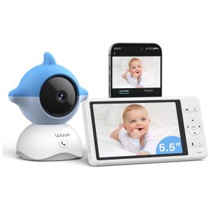 Babá Eletrônica com Câmera 2K Monitor de Tela Colorida 360 Graus de Visão Ruído Branco e Canções WUUK Branca e Azul