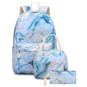 Mochila escolar Bluboon juvenil feminina azul e branca conjunto 3 peças com lancheira térmica e estojo para notebook 355 cm