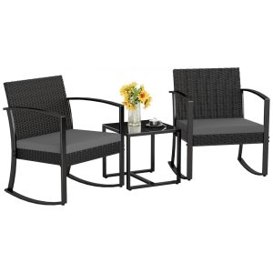 Conjunto de Móveis de Pátio Homall 3 Peças - Conjunto de Bistrô Externo de Resina com Cadeiras de Balanço Acolchoadas e Mesa para Varanda