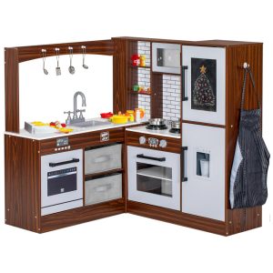 Cozinha Infantil Modular em Madeira com Luz Som Pia Micro-Ondas Forno Avental e Quadro Negro BRINJOY Marrom