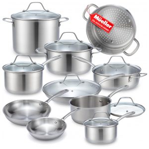 Jogo de Panelas e Frigideiras Antiaderentes em Aço Inoxidável 17 Peças Mueller Austria Prata