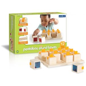 Jogo de caixas sonoras Guidecraft em madeira natural com bandeja de armazenamento e 12 peças para pareamento auditivo
