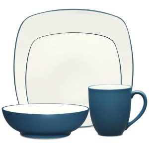 Aparelho de Jantar de Cerâmica Clássica e Durável para o Dia a Dia com 4 Peças Formato Quadrado e Material de Cerâmica Noritake 8484-04P Azul