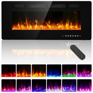 Lareira Elétrica BREEZEHEAT 107 cm Recessada Montada na Parede Aquecedor Ultra Fino 2 Saídas de Calor Controle Remoto Tela Touch Chama Ajustável