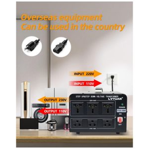 Transformador Conversor de Voltagem LVYUAN 5000W Preto Step Up/Down 110-120V/220-240V com 3 Tomadas US e 3 Universais LVYUAN-5000W-Transformer 120V