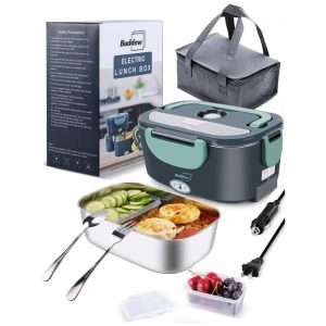 Marmita Elétrica Portátil 3 em 1 com Garfo Colher e Bolsa para Transporte 12V bivolt 80W Buddew Verde e Azul