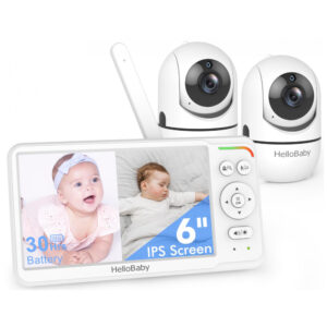 Babá Eletrônica HelloBaby 2 Câmeras Tela IPS 6" Dividida Bateria 30h Pan Tilt Zoom HB6560-2 Branco