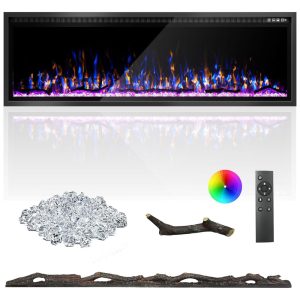 Lareira Elétrica de 152 cm Ultrafina Embutida ou de Parede Troncos Madeira Flutuante ou Cristais Controle Remoto Termostato Kucreiheat