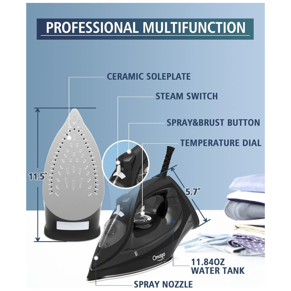 Ferro de Passar a Vapor com Desligamento Automático 1500W 110W OMAIGA Preto - Imagem 2