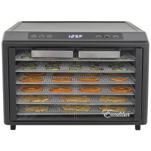 Desidratador de Alimentos em Aço Inoxidável com Controle de Temperatura Ajustável 6 Bandejas Cromadas e Portas Francesas de Vidro 700W Excalibur Preto