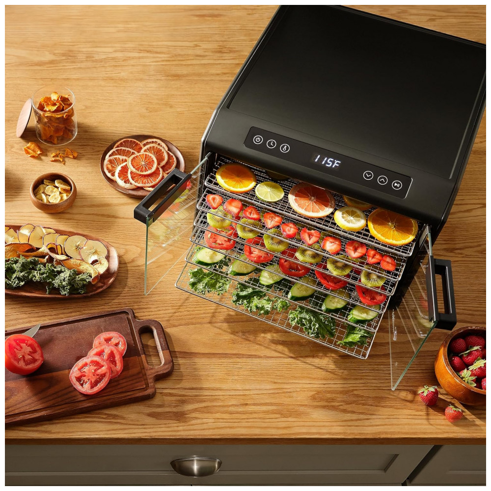 Desidratador de Alimentos em Aço Inoxidável com Controle de Temperatura Ajustável 6 Bandejas Cromadas e Portas Francesas de Vidro 700W Excalibur Preto - Imagem 4