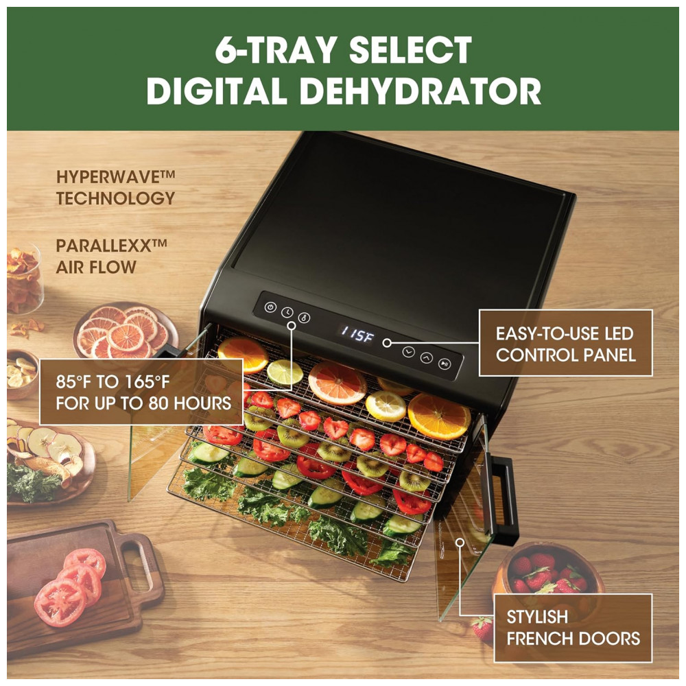 Desidratador de Alimentos em Aço Inoxidável com Controle de Temperatura Ajustável 6 Bandejas Cromadas e Portas Francesas de Vidro 700W Excalibur Preto - Imagem 7