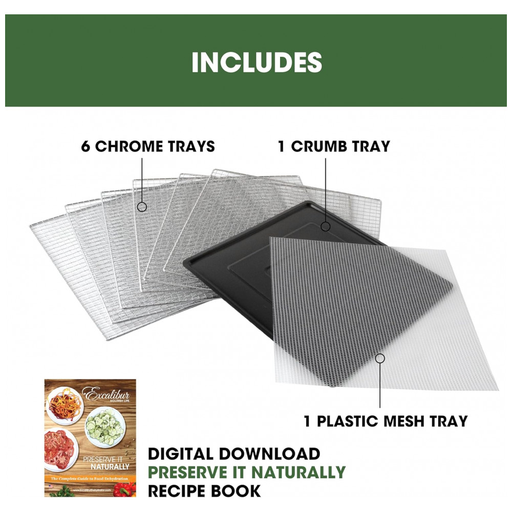 Desidratador de Alimentos em Aço Inoxidável com Controle de Temperatura Ajustável 6 Bandejas Cromadas e Portas Francesas de Vidro 700W Excalibur Preto - Imagem 8