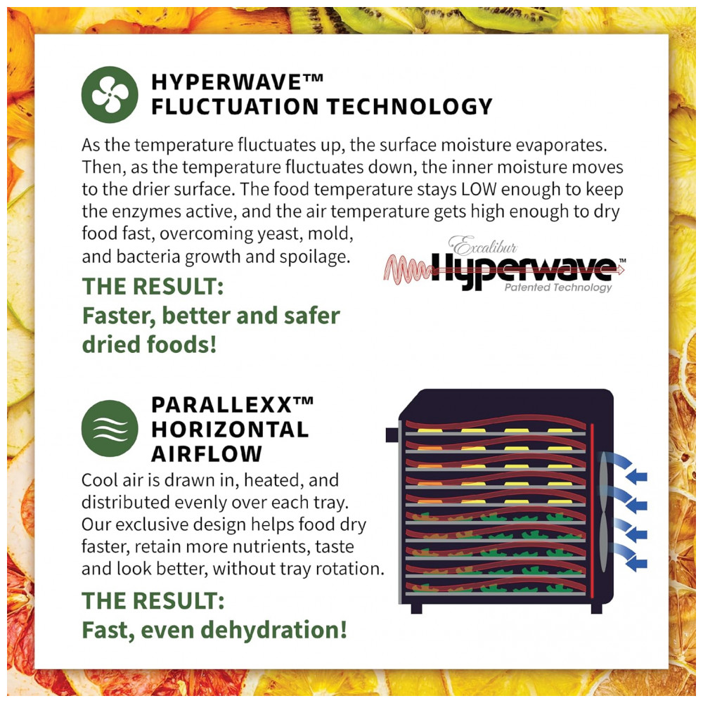 Desidratador de Alimentos em Aço Inoxidável com Controle de Temperatura Ajustável 6 Bandejas Cromadas e Portas Francesas de Vidro 700W Excalibur Preto - Imagem 10