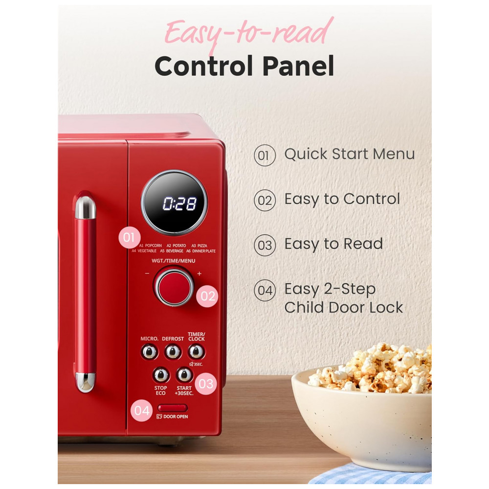 Micro-ondas Compacto COMFEE Retro 2548 litros com 9 Programas Pré-definidos Cozimento Multifásico Função Silenciosa - Vermelho 900W - Imagem 2