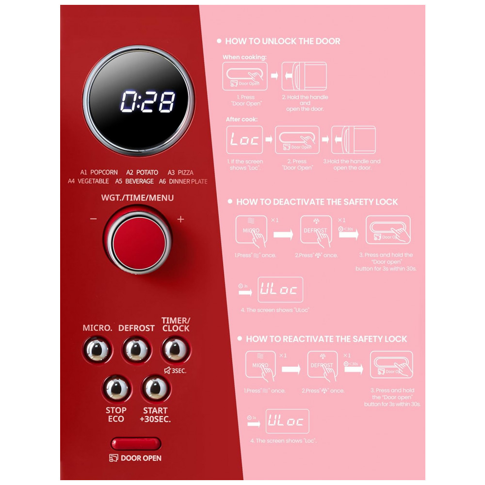 Micro-ondas Compacto COMFEE Retro 2548 litros com 9 Programas Pré-definidos Cozimento Multifásico Função Silenciosa - Vermelho 900W - Imagem 7