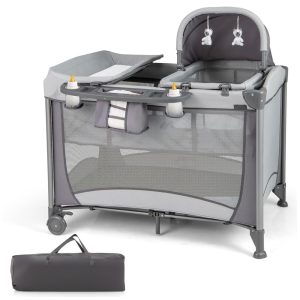 Berço Cercado Portátil 4 em 1 com Trocador Removível Cesta de Fraldas e Bolsa de Transporte HONEY JOY Cinza Escuro