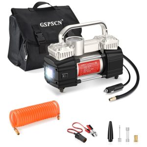 de Ar Portátil 12V 150 PSI com LED e duplo cilindro GSPSCN Dual Cylinder Air Compressor Pump Prateado