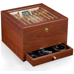 Umidor Flauno com fechamento seguro ventilação eficiente capacidade para 70 charutos cedro espanhol higrômetro digital e gaveta.
