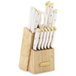 Conjunto de Facas em Aço Inoxidável com Bloco de Bancada em Madeira 15 Peças Farberware Branco e Dourado