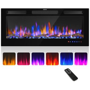 Lareira Elétrica de Embutir A45x106L cm com Controle Remoto Cor e Brilho da Chama Ajustáveis 110V 1500W FLAME SHADE Preta