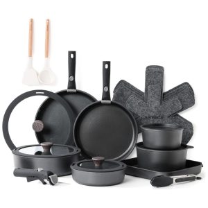 Jogo de Panelas e Frigideiras Antiaderentes Material em Aço Inoxidável com 24 Peças Cabo Removível e Utensílios de Cozinha SENSARTE Preto