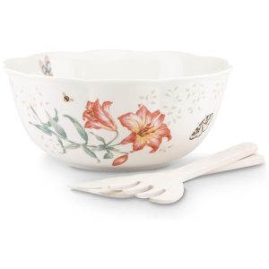 Tigela com Capacidade de 2.3L Material de Porcelana e Formato Redonda Inclui 2 Utensílios de Madeira  LENOX 820581 Branca Colorida