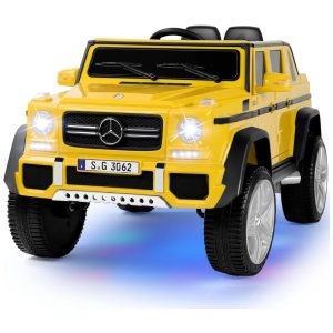 Carro Elétrico Infantil a Bateria com Controle Remoto de 24 GHz 2 Motores 3 Velocidades Música Buzina Luzes LED 12V Fitnessclub Mercedes-Benz Amarela