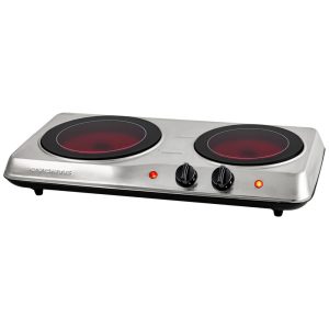 Cooktop Elétrico de Infravermelho Portátil de Vidro Cerâmico com Queimador Duplo Ajuste de Temperatura em 5 Níveis e Fácil de Limpar 110V 1700W OVENTE BGI102S Prata