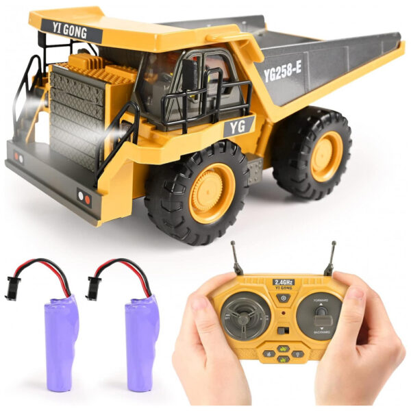 Caminhão Basculante de Controle Remoto 9 Canais 2 Baterias Brinquedo de Construção RC com Cama de Metal, Luzes e Sons, KidsFaves