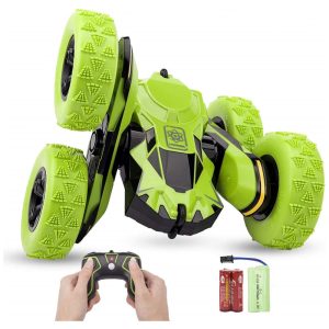 Mini Caminhão RC Verde Recarregável com Luzes LED Controle Remoto Haktoys - Acrobacias Rodopio e Capotamento Modo Silencioso