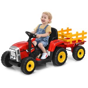 Trator Elétrico Infantil 2 em 1 com Reboque Controle Remoto Câmbio de 3 Marchas Música USB e Bluetooth 12V Olakids Vermelho