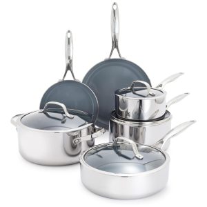 Jogo de Panelas e Frigideiras GreenPan Valencia Pro em Aço Inox com Revestimento Antiaderente Cerâmico 10 peçasInduçãoLivre de Substâncias Tóxicas