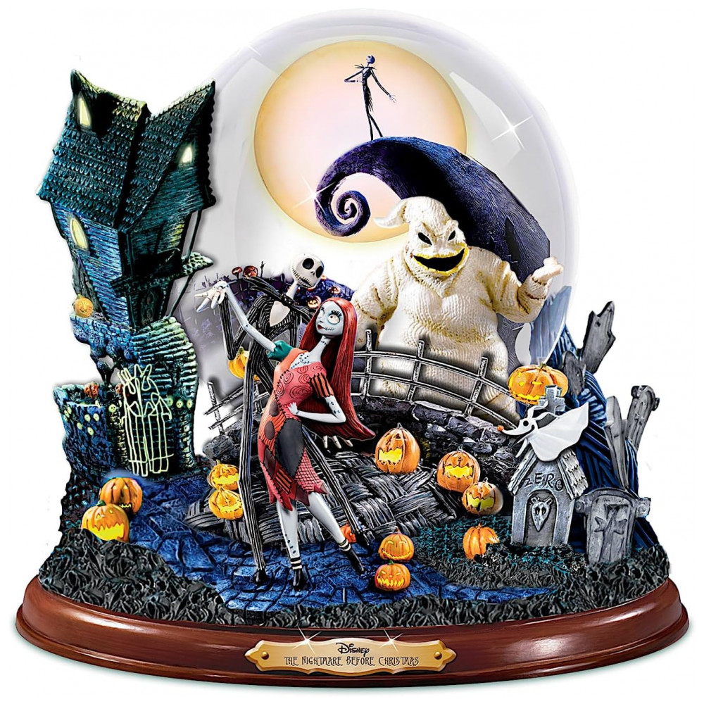 Globo de Neve Musical Tim Burton The Nightmare Before Christmas com Base Rotativa e Luzes - The Bradford Exchange Personagens em Resina Pintada