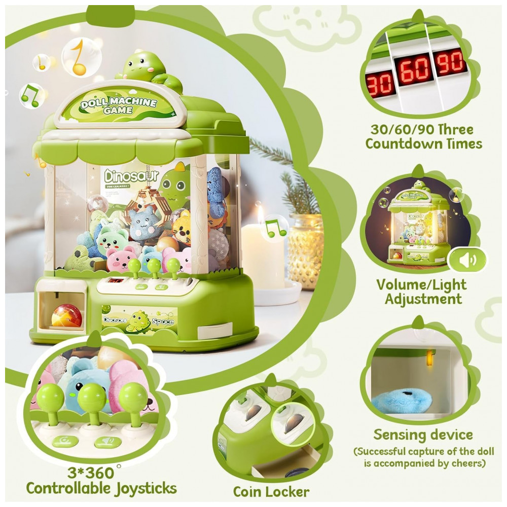 Máquina de Garra Verde MIAOKE – Mini Arcade Infantil com 30 Prêmios, 20 Ovos‑Surpresa, Luzes LED e Música Ajustável - Imagem 3