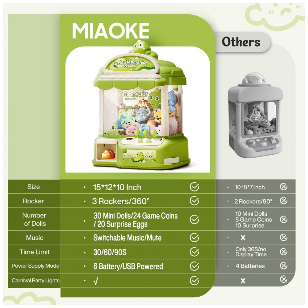 Máquina de Garra Verde MIAOKE – Mini Arcade Infantil com 30 Prêmios, 20 Ovos‑Surpresa, Luzes LED e Música Ajustável - Imagem 5