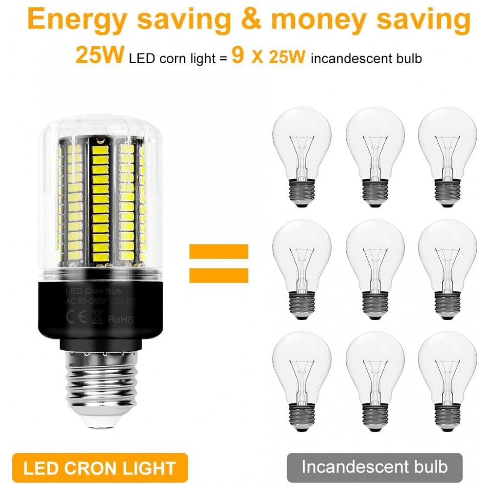 Lâmpadas LED tipo milho 25W pacote com 6 unidades, equivalentes a 250W, super brilhantes com 3146 lúmens, base E26/E27 padrão para ventilador,Duu Too - Imagem 7