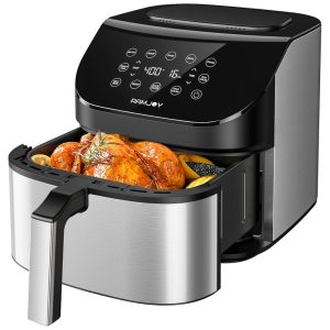 Air Fryer 10 em 1 6.4L com Painel Digital Cesta Antiaderente Desligamento Automático e Lavável na Máquina de Lavar Louça 110V 1600W RAMJOY Preta e Prata