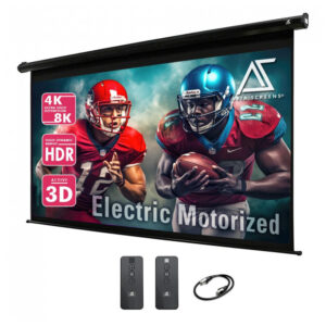 Tela de projeção motorizada 110" Akia Screens 16:9 MaxWhite 2 carcaça preta controle remoto 110V