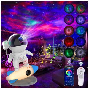 Projetor de Galáxia Astronauta para Quarto Luz de Galáxia com Controle Remoto via App Ruídos Brancos Alto-falante Bluetooth Luz Noturna de Foguete