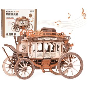 Quebra Cabeças 3D em Madeira para Adultos Tema Caixa de Música Carruagem Retrô do Velho Oeste com 199 Peças ROKR Marrom