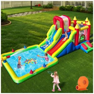 Parque Aquático Inflável Umbalir 10 em 1: Toboágua Gigante com 2 Escorregadores de Água Piscina de Respingo Canhões de Água Parede de Escalada e Obstáculos em 10 metros.