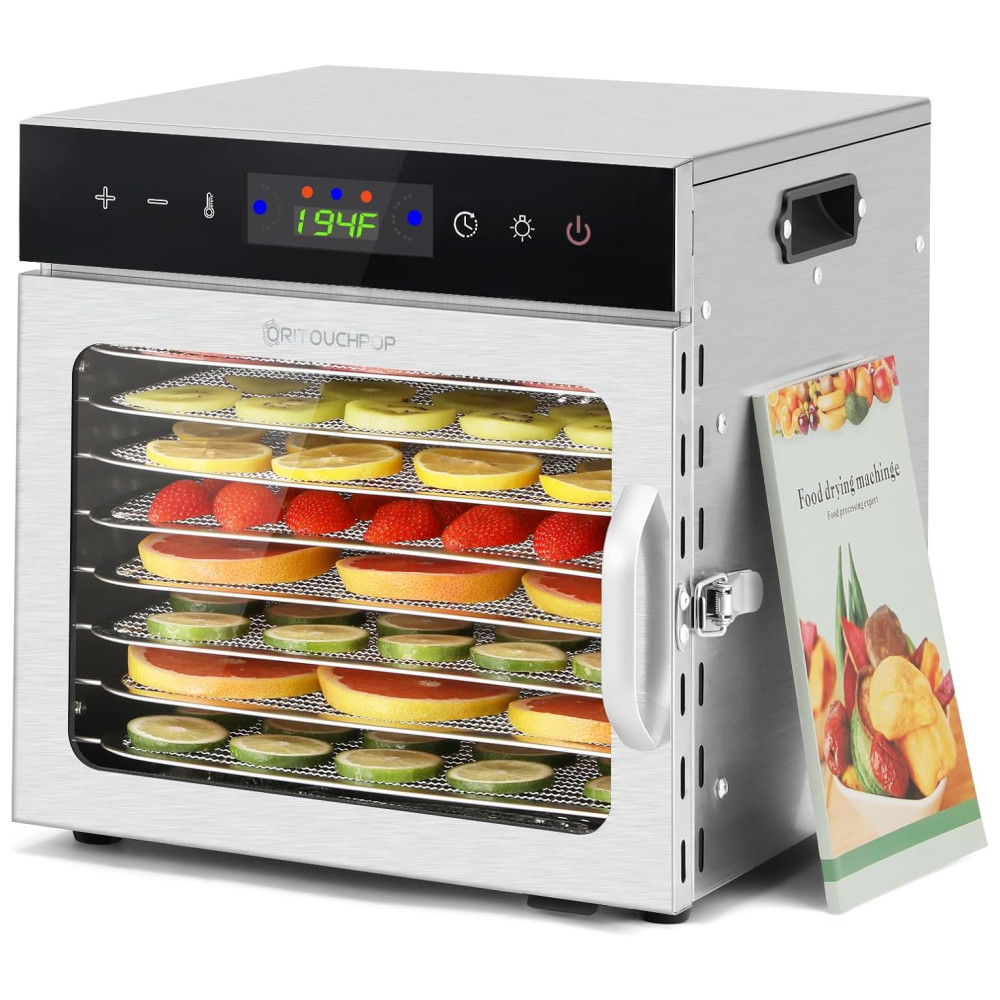 Desidratador de Alimentos Oritouchpop 8 Bandejas de Aço Inoxidável Controle de Temperatura 90°C Temporizador 24H 400W